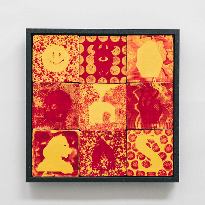 LOST IN TRANSLATION hand painted + glazed tiles on valchromat frame. 33x33x2,4cm. Unique piece, 2022 FAUX PAS