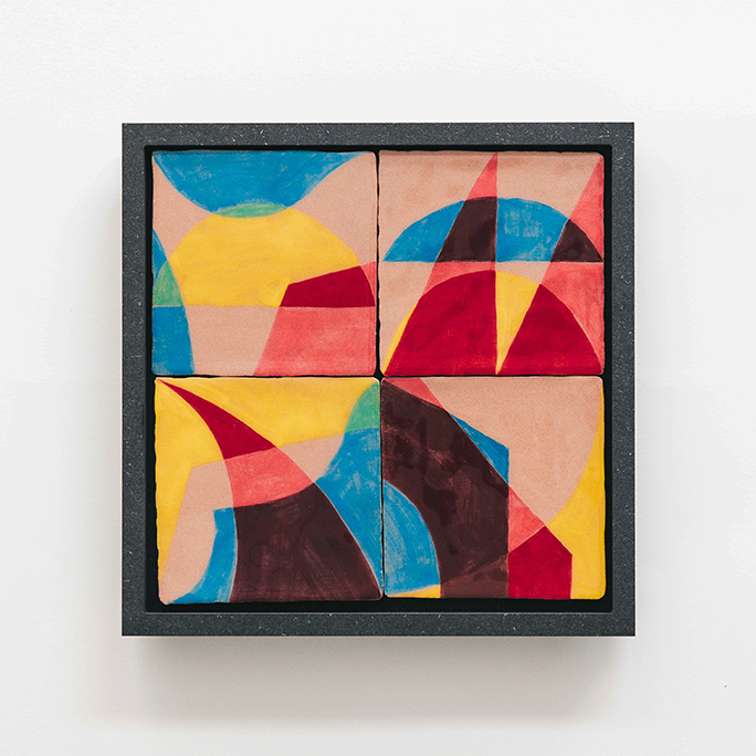 DEJA VU hand painted + glazed tiles on valchromat frame. 23x23x2,4cm. Unique piece, 2022 FAUX PAS