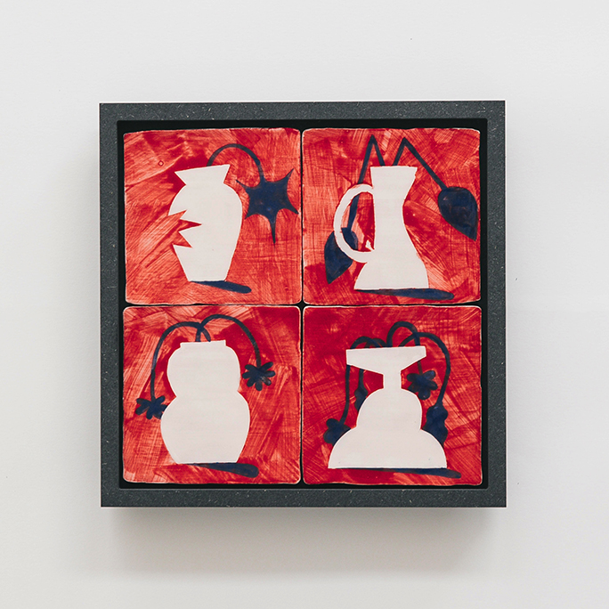 PROCRASTINATION hand painted + glazed tiles on valchromat frame. 23x23x2,4cm. Unique piece, 2022 FAUX PAS